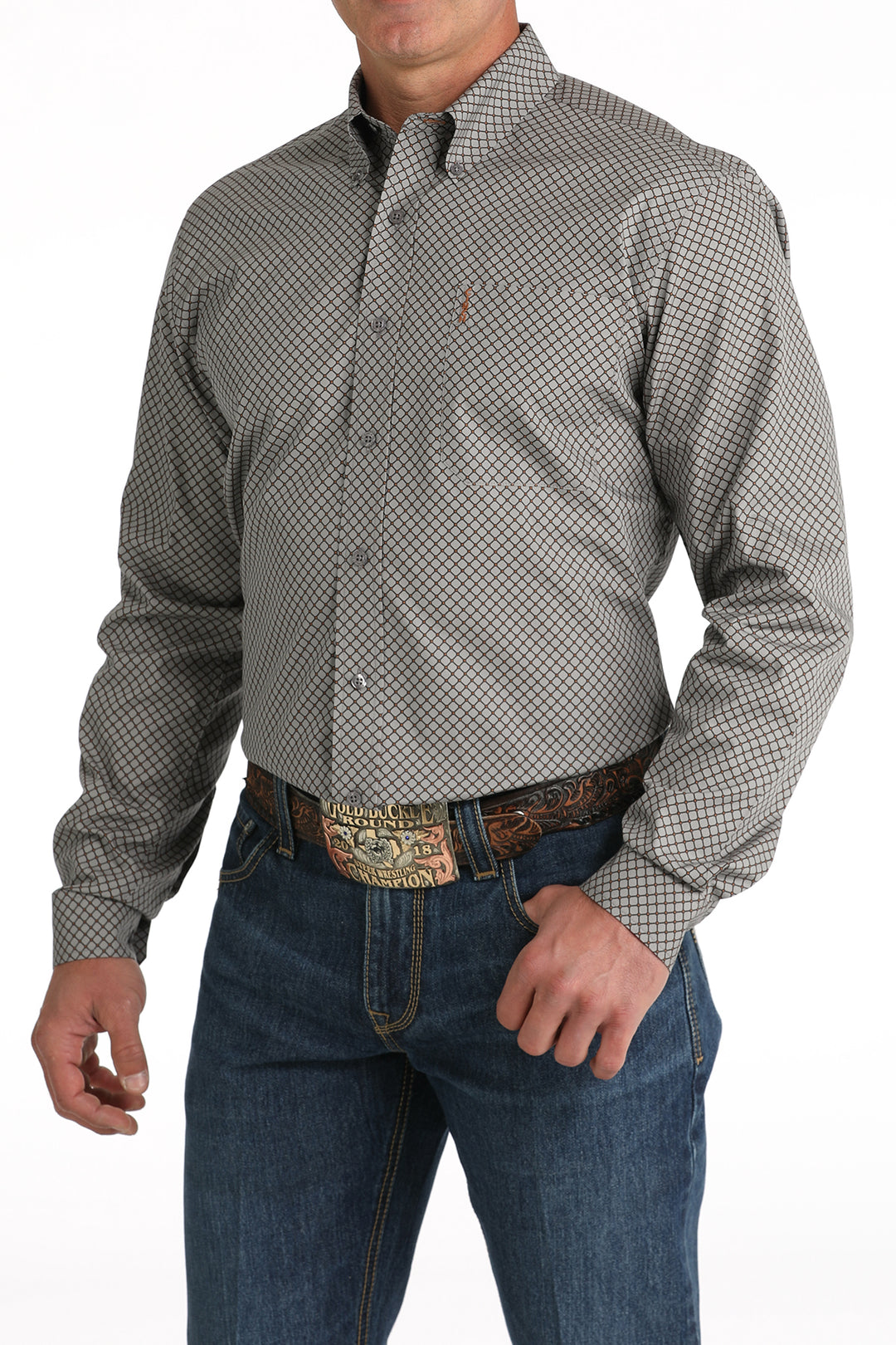 Men's Cinch Modern Fit Geo Print Grey Shirt - MTW1347114