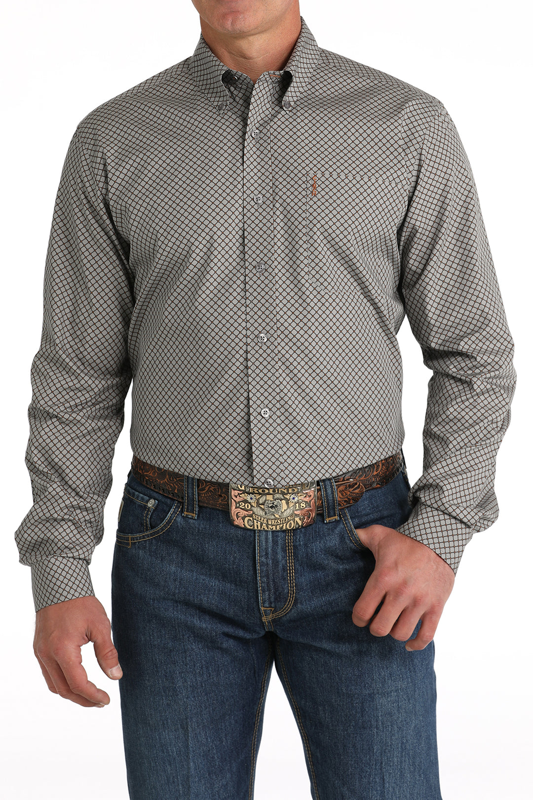 Men's Cinch Modern Fit Geo Print Grey Shirt - MTW1347114