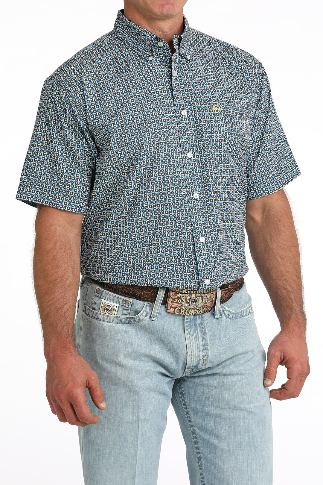 Men's Cinch Blue Multi Arena Flex Short Sleeve Shirt - MTW1704167