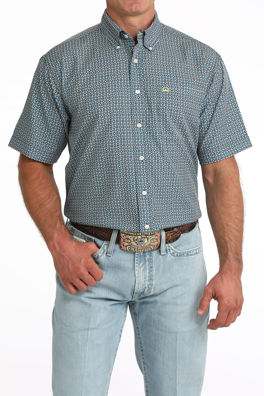 Men's Cinch Blue Multi Arena Flex Short Sleeve Shirt - MTW1704167