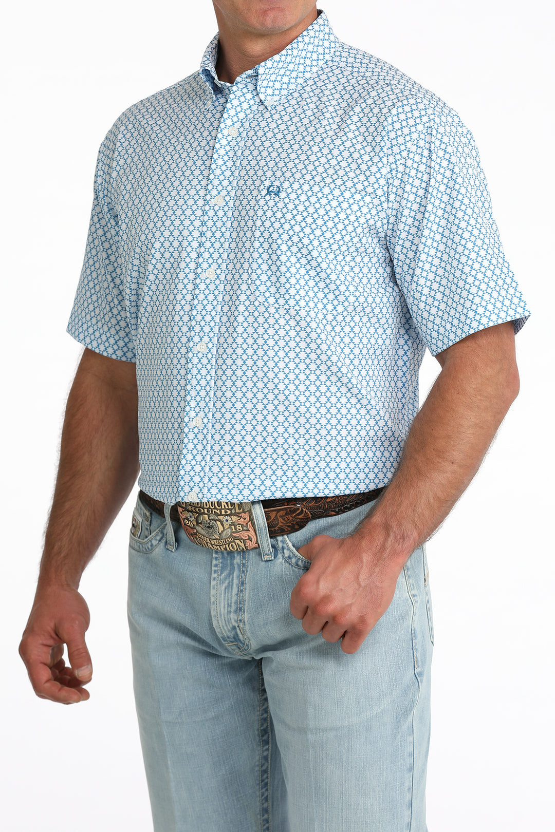 Men's Cinch Blue Diamond Print Arena Flex Short Sleeve Shirt - MTW1704170