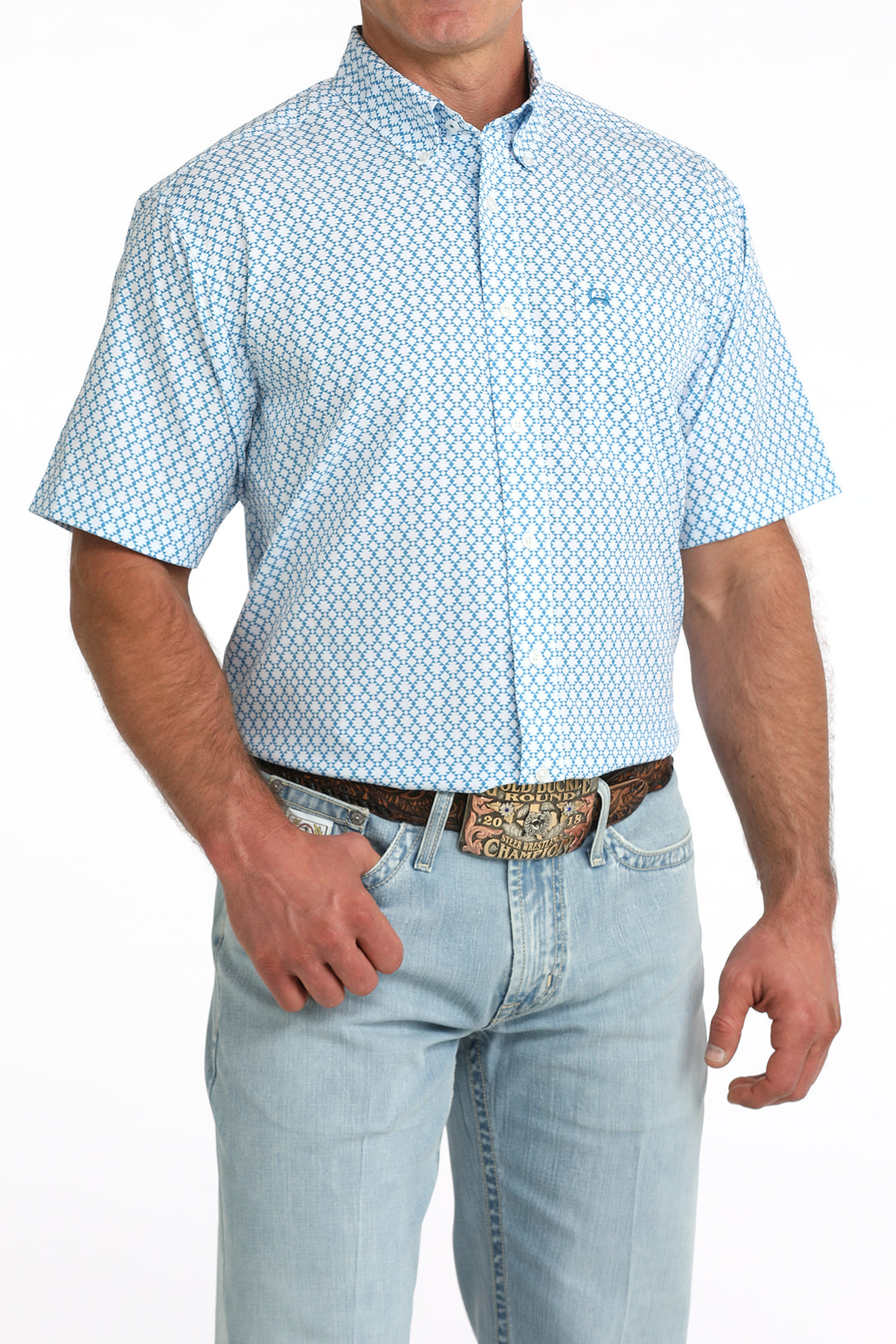 Men's Cinch Blue Diamond Print Arena Flex Short Sleeve Shirt - MTW1704170