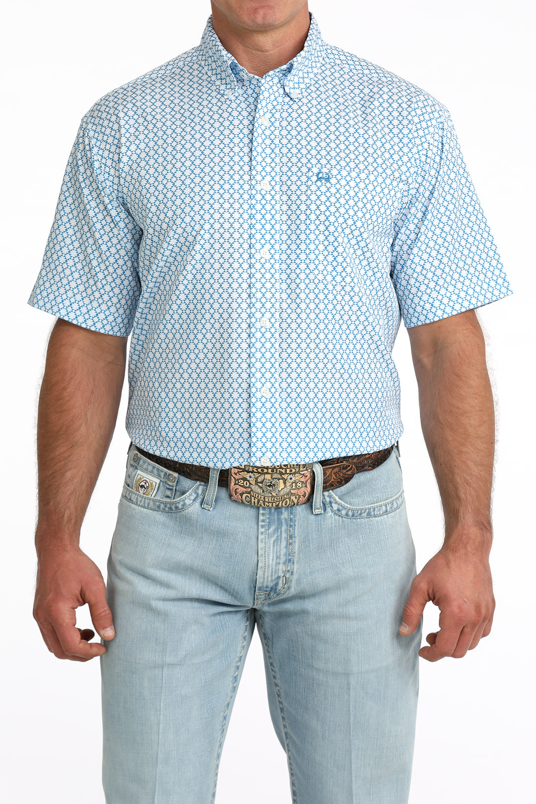 Men's Cinch Blue Diamond Print Arena Flex Short Sleeve Shirt - MTW1704170