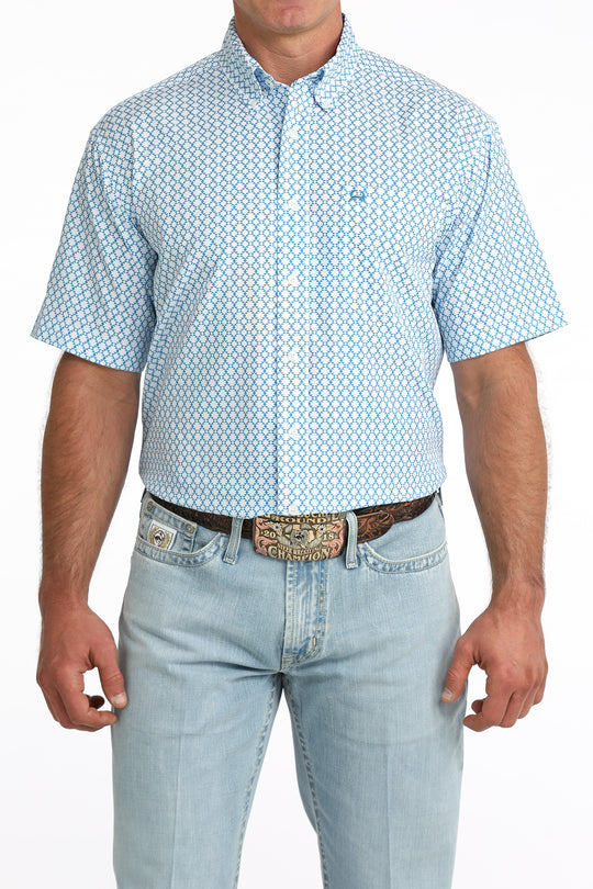 Men's Cinch Blue Diamond Print Arena Flex Short Sleeve Shirt - MTW1704170
