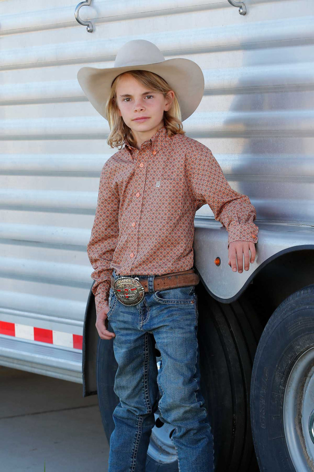 Boy's Cinch Geometric Print Coral Button-Down Western Shirt - MTW7060389