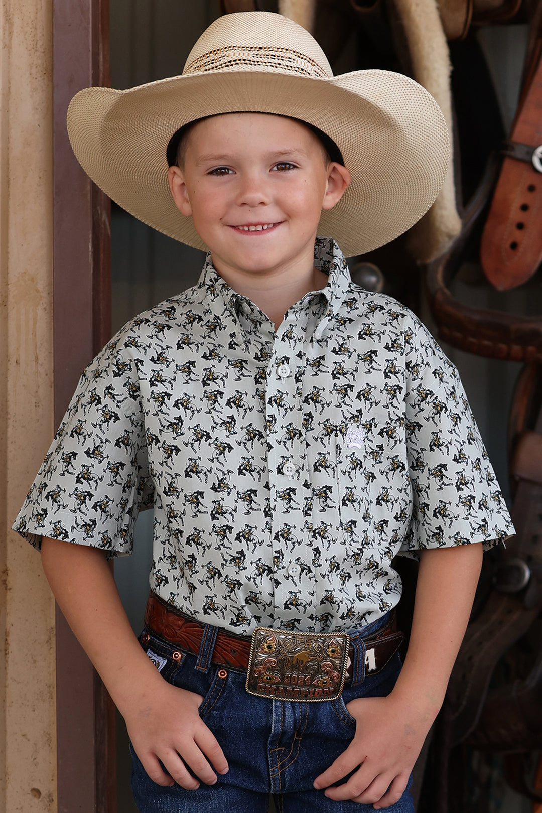 Boys Cinch Bucking Horse Western Print Short Sleeve Shirt - MTW7140038