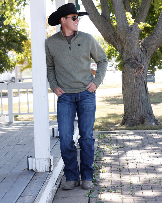 Men's Cinch 1/4 Zip Olive Sweater - MWK1080021