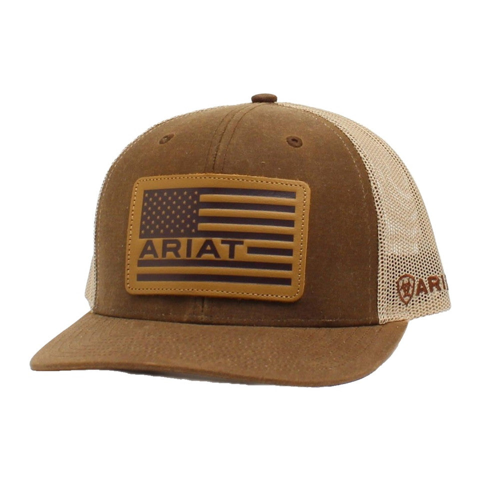 Ariat USA Leather Patch Cap In Brown Oil Skin Mesh Back Snapback - A300008902