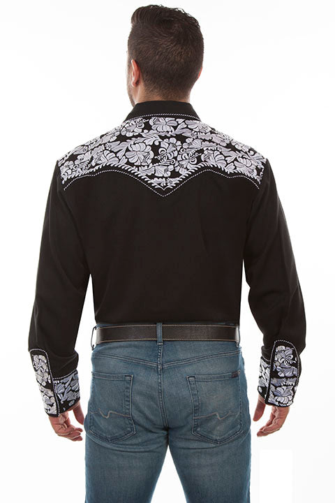 Men's Scully Black & White Floral Tooled Embroidered Shirt - P634