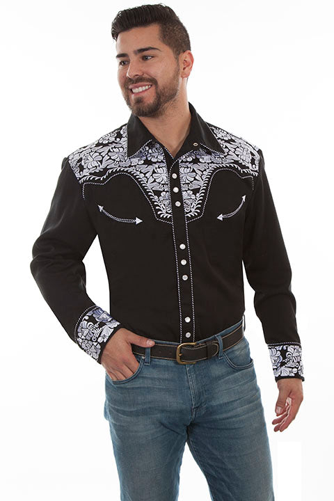 Men's Scully Black & White Floral Tooled Embroidered Shirt - P634