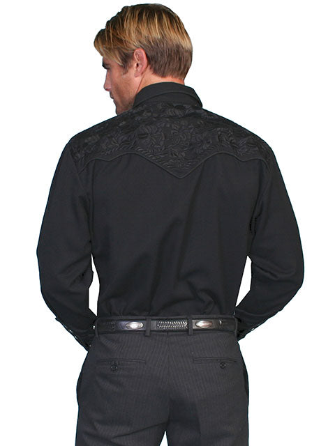Men's Scully Jet Black Floral Tooled Embroidered Shirt - P634