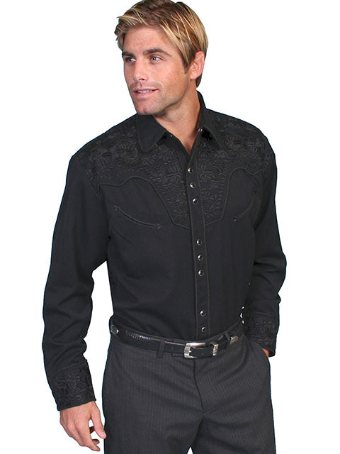 Men's Scully Jet Black Floral Tooled Embroidered Shirt - P634