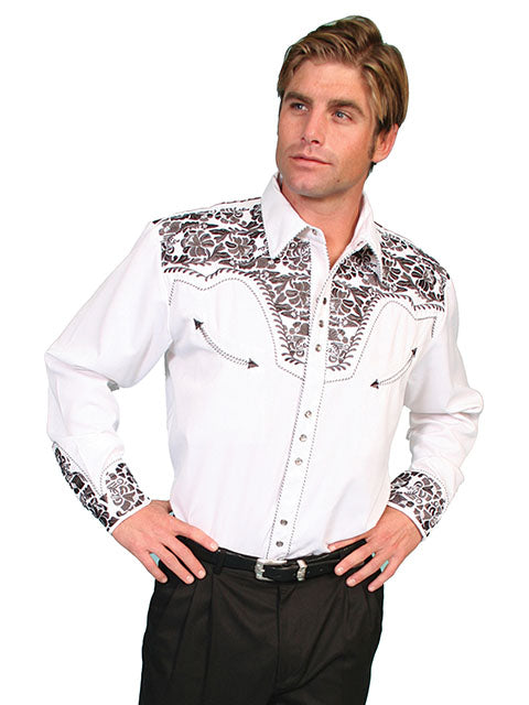 Men's Scully Pewter Floral Tooled Embroidered Shirt - P634