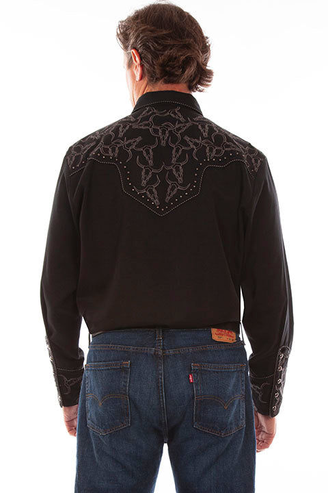 Men's Scully Black Longhorn Embroidered Shirt - P912