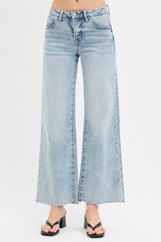 Ladies Risen TUMMY CONTROL LOW RISE WIDE LEG RAW CUT HEM JEANS - PW21189