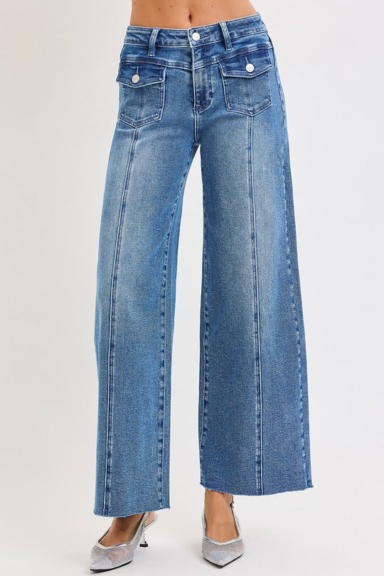 Ladies Risen HIGH RISE ANKLE WIDE JEANS WITH FRONT FLAP PATCH POCKET - PWA21328