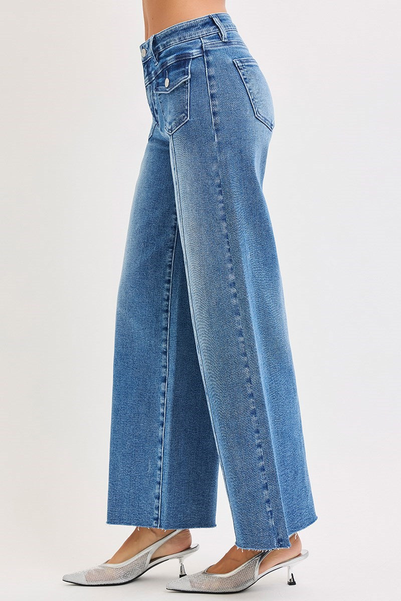 Ladies Risen HIGH RISE ANKLE WIDE JEANS WITH FRONT FLAP PATCH POCKET - PWA21328