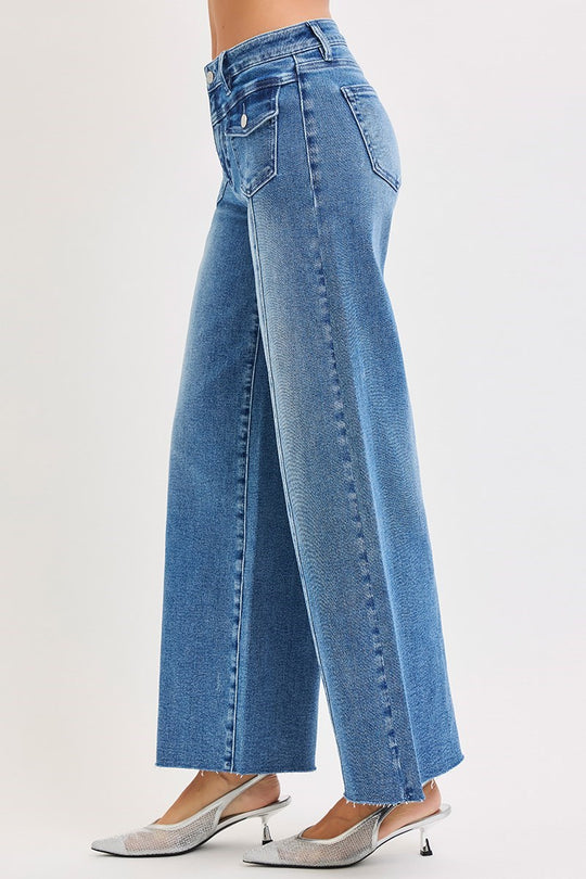 Ladies Risen HIGH RISE ANKLE WIDE JEANS WITH FRONT FLAP PATCH POCKET - PWA21328