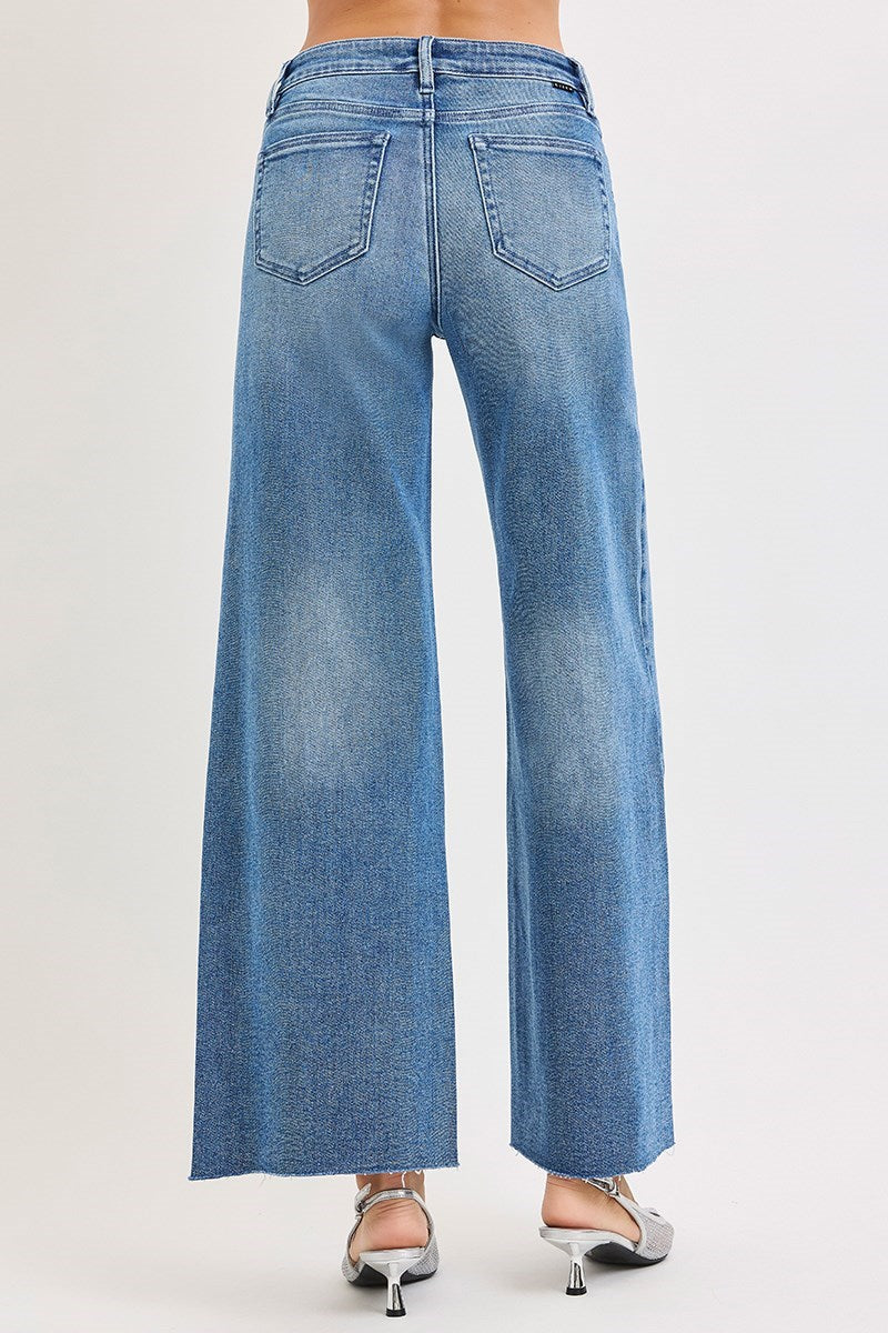 Ladies Risen HIGH RISE ANKLE WIDE JEANS WITH FRONT FLAP PATCH POCKET - PWA21328