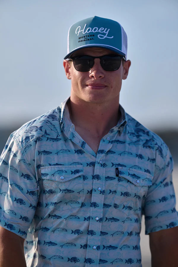 Men's Hooey "Sol" Short Sleeve Pearl Snap Snapper Fish Pattern Shirt - HT2621LTBL