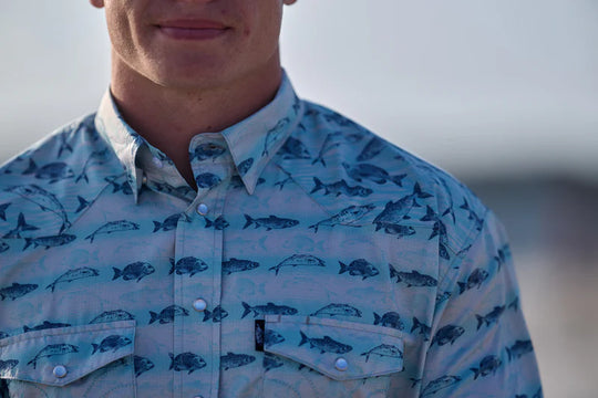 Men's Hooey "Sol" Short Sleeve Pearl Snap Snapper Fish Pattern Shirt - HT2621LTBL