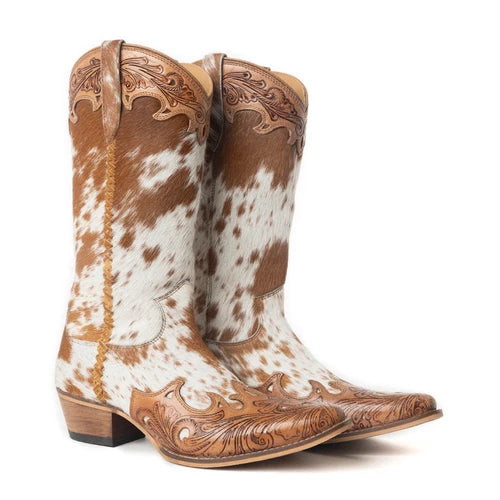 Ladies Myra Dakota Dust Handtooled Boots in Tan & White
