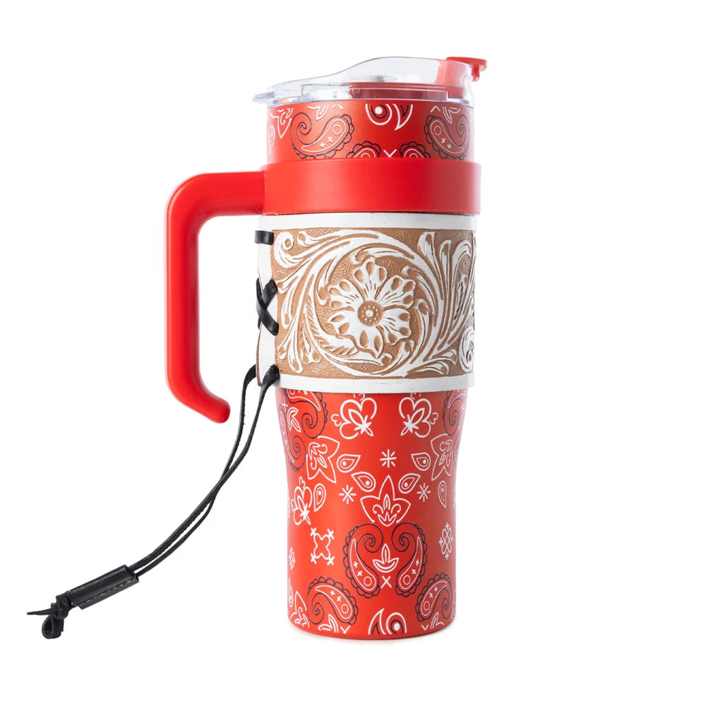 Myra Bandana Tooled Western Tumbler in Red Stainless Steel with Handtooled Leather
