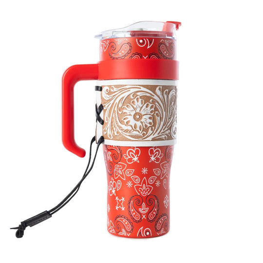 Myra Bandana Tooled Western Tumbler in Red Stainless Steel with Handtooled Leather