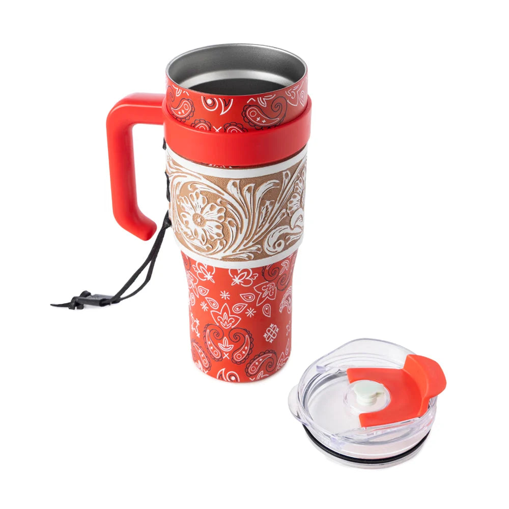 Myra Bandana Tooled Western Tumbler in Red Stainless Steel with Handtooled Leather