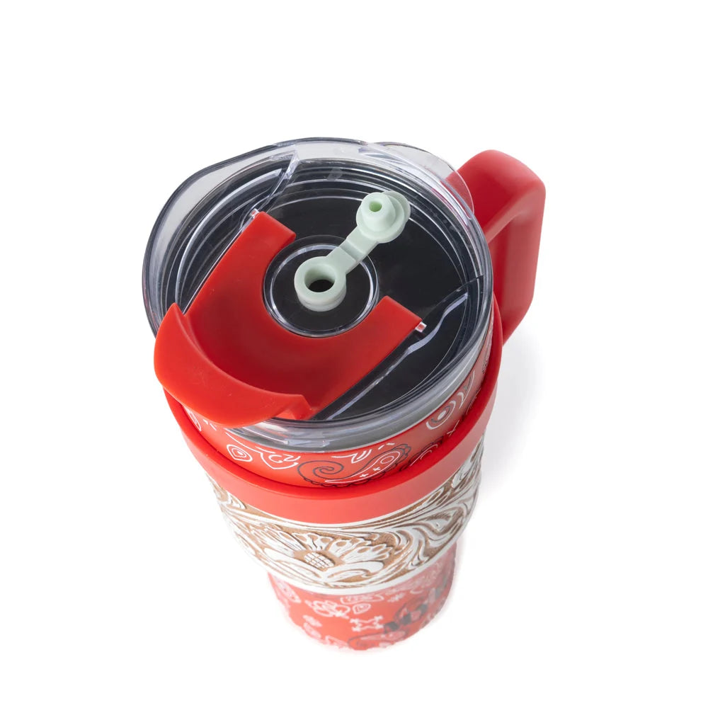 Myra Bandana Tooled Western Tumbler in Red Stainless Steel with Handtooled Leather