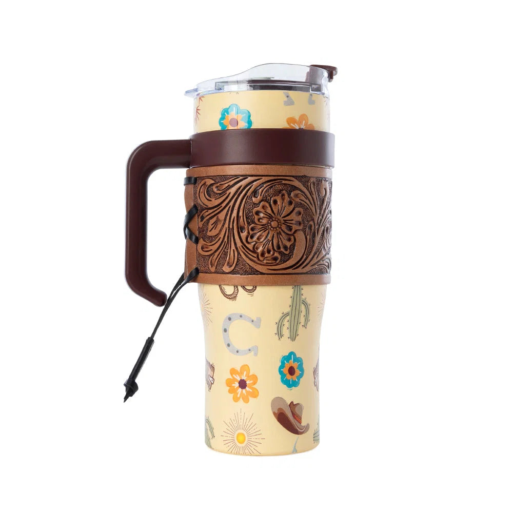 Myra Trailkissed Western Tumbler in Yellow Stainless Steel with Leather Wrap
