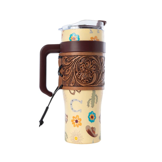 Myra Trailkissed Western Tumbler in Yellow Stainless Steel with Leather Wrap