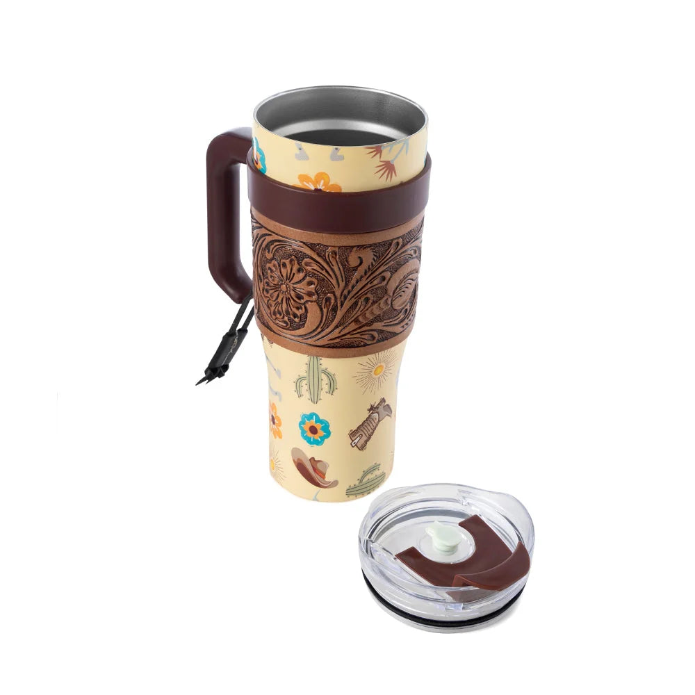 Myra Trailkissed Western Tumbler in Yellow Stainless Steel with Leather Wrap