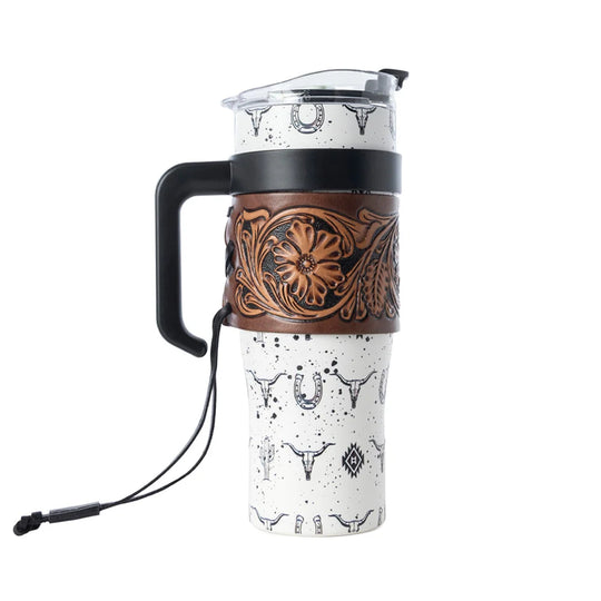 Myra Westmark Tooled Western Tumbler in White Stainless Steel with Leather Wrap