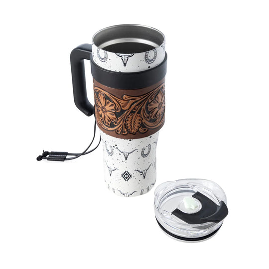 Myra Westmark Tooled Western Tumbler in White Stainless Steel with Leather Wrap
