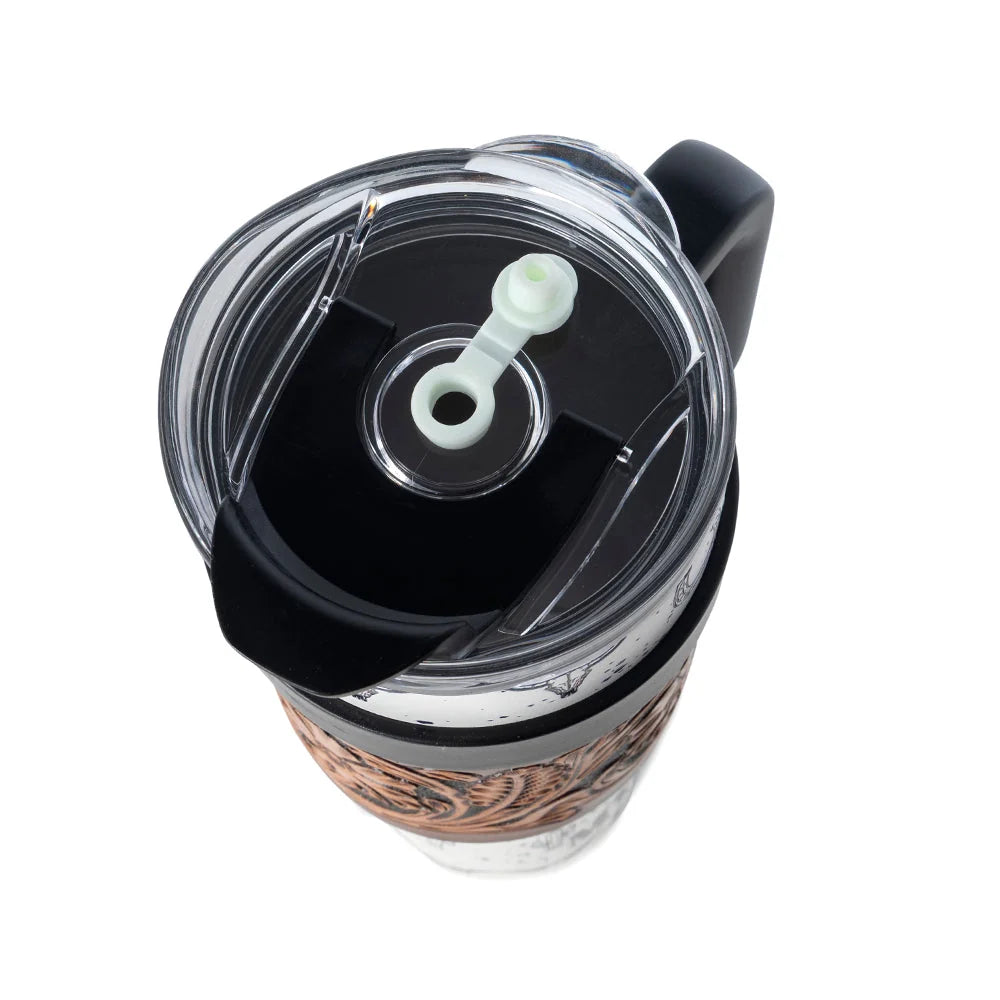 Myra Westmark Tooled Western Tumbler in White Stainless Steel with Leather Wrap