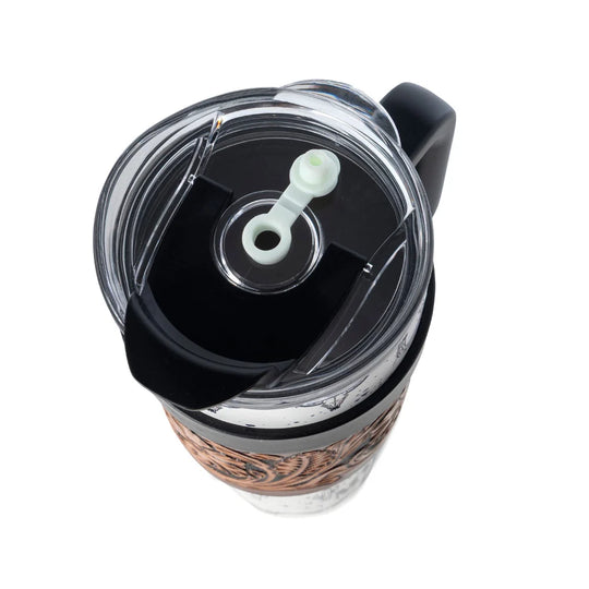 Myra Westmark Tooled Western Tumbler in White Stainless Steel with Leather Wrap