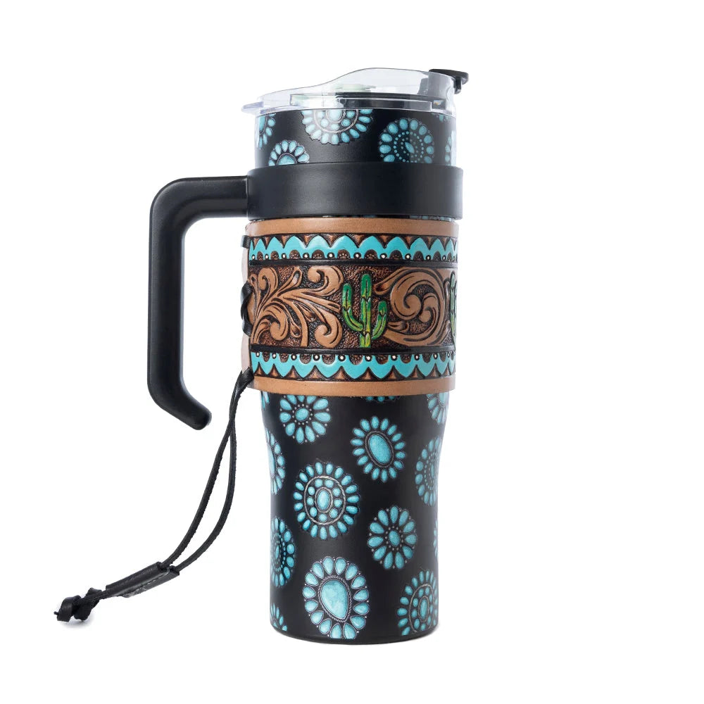 Myra Concho Crest Western Tooled Tumbler in Black Stainless Steel with Leather Wrap