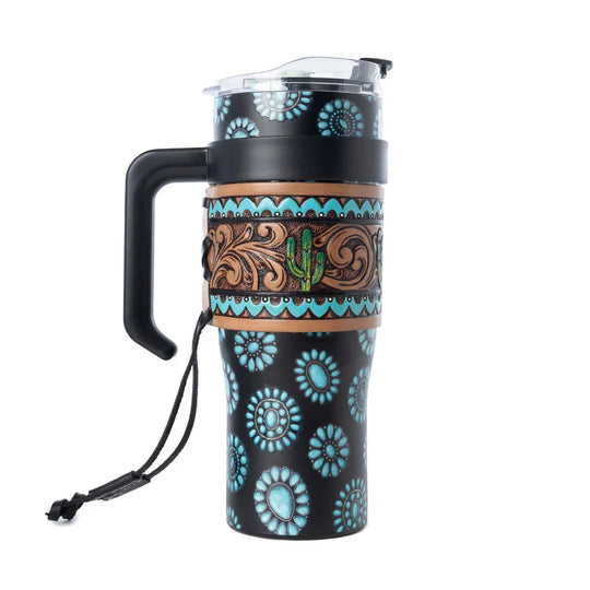 Myra Concho Crest Western Tooled Tumbler in Black Stainless Steel with Leather Wrap
