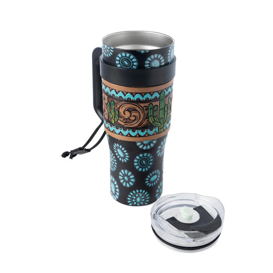 Myra Concho Crest Western Tooled Tumbler in Black Stainless Steel with Leather Wrap