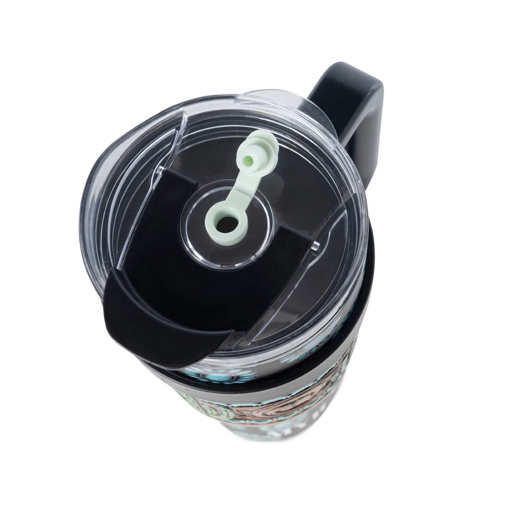 Myra Concho Crest Western Tooled Tumbler in Black Stainless Steel with Leather Wrap