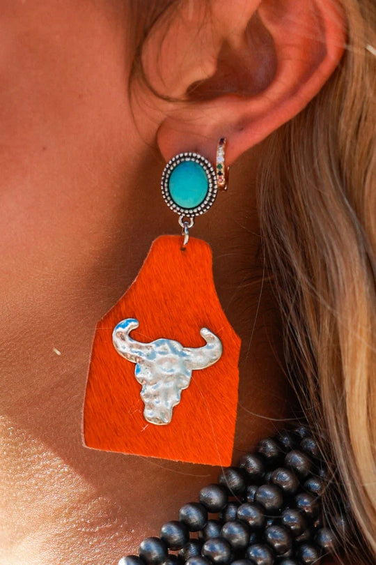 Grace + Emma Take A Number Cowboy Orange Cowhide Copper Cow Skull Stud Earrings - AE9653