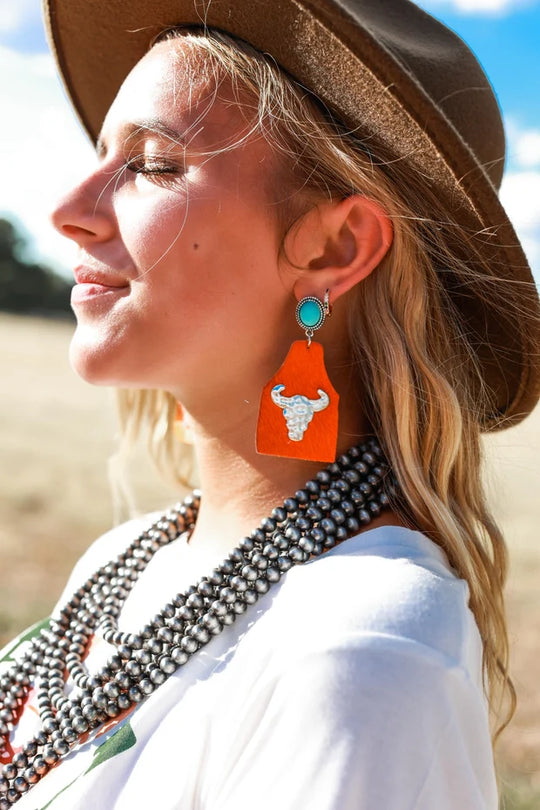 Grace + Emma Take A Number Cowboy Orange Cowhide Copper Cow Skull Stud Earrings - AE9653