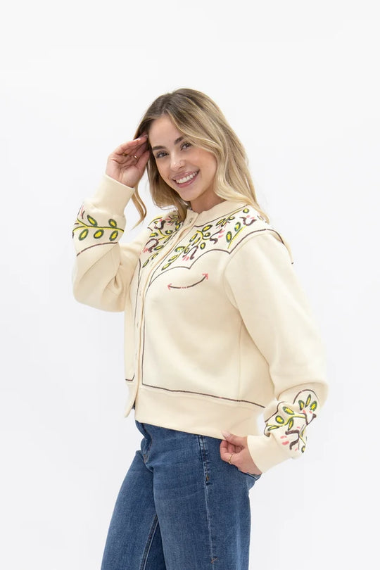 Ladies Grace + Emma Beige Sweatshirt Cardigan with Sequin Western Yoke