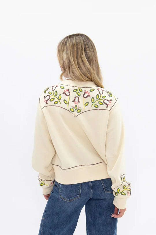 Ladies Grace + Emma Beige Sweatshirt Cardigan with Sequin Western Yoke