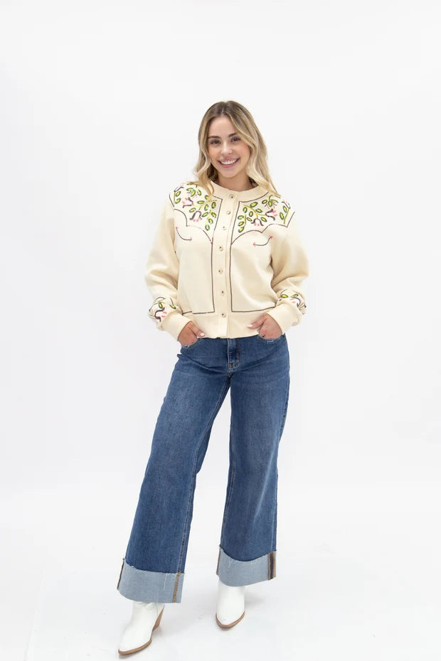 Ladies Grace + Emma Beige Sweatshirt Cardigan with Sequin Western Yoke