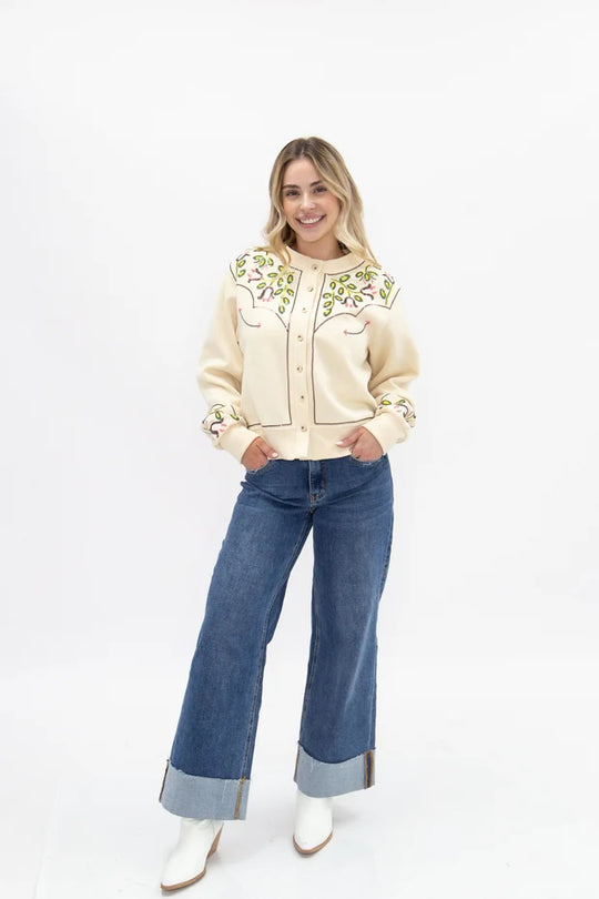 Ladies Grace + Emma Beige Sweatshirt Cardigan with Sequin Western Yoke