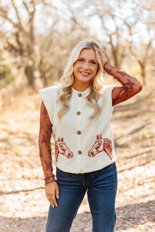 Grace + Emma Horses on Ivory Sweater Vest
