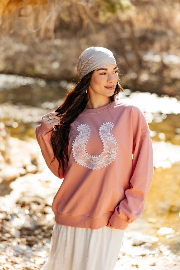 Grace + Emma Lace Horse Shoe on Pink Sweatshirt