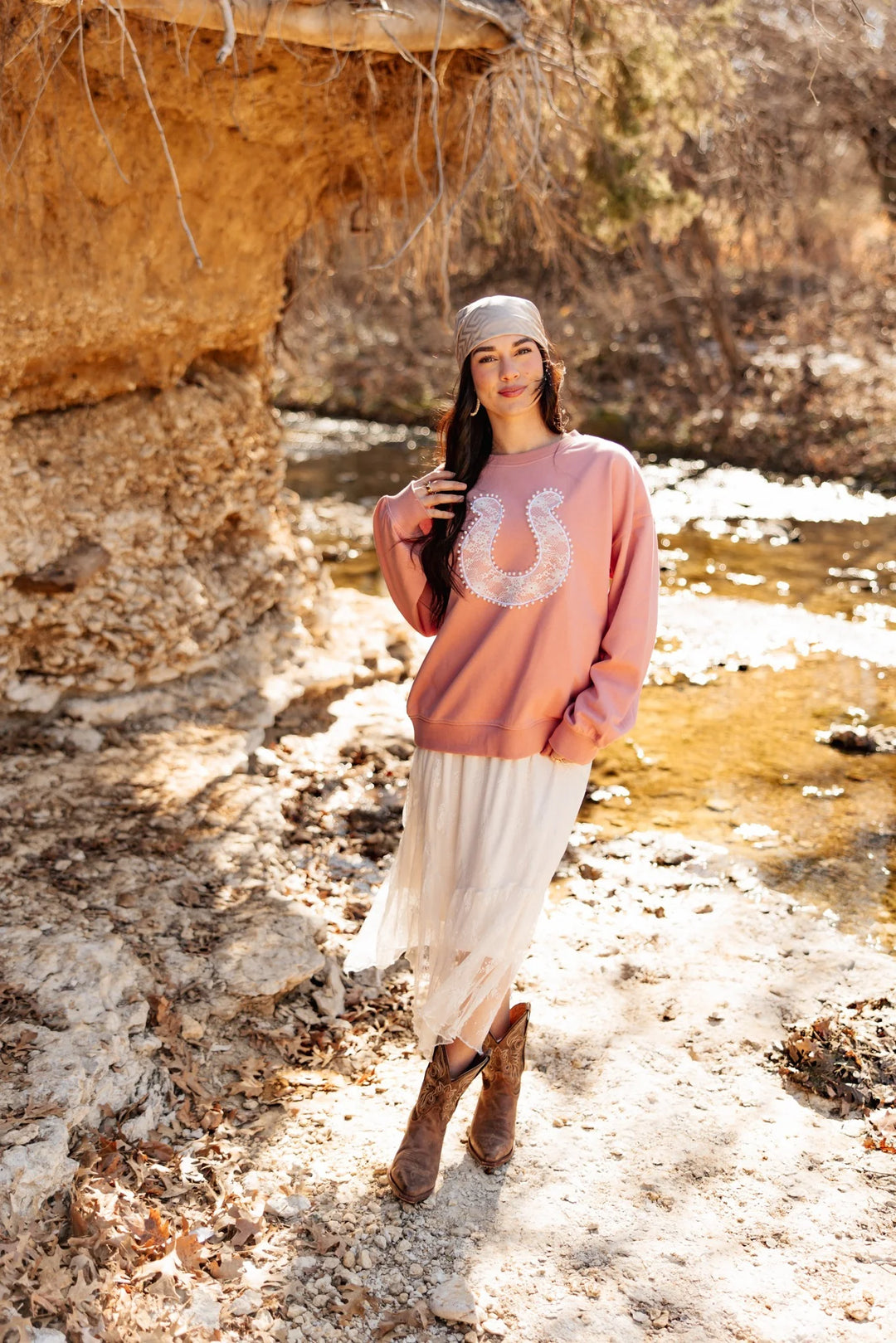 Grace + Emma Lace Horse Shoe on Pink Sweatshirt
